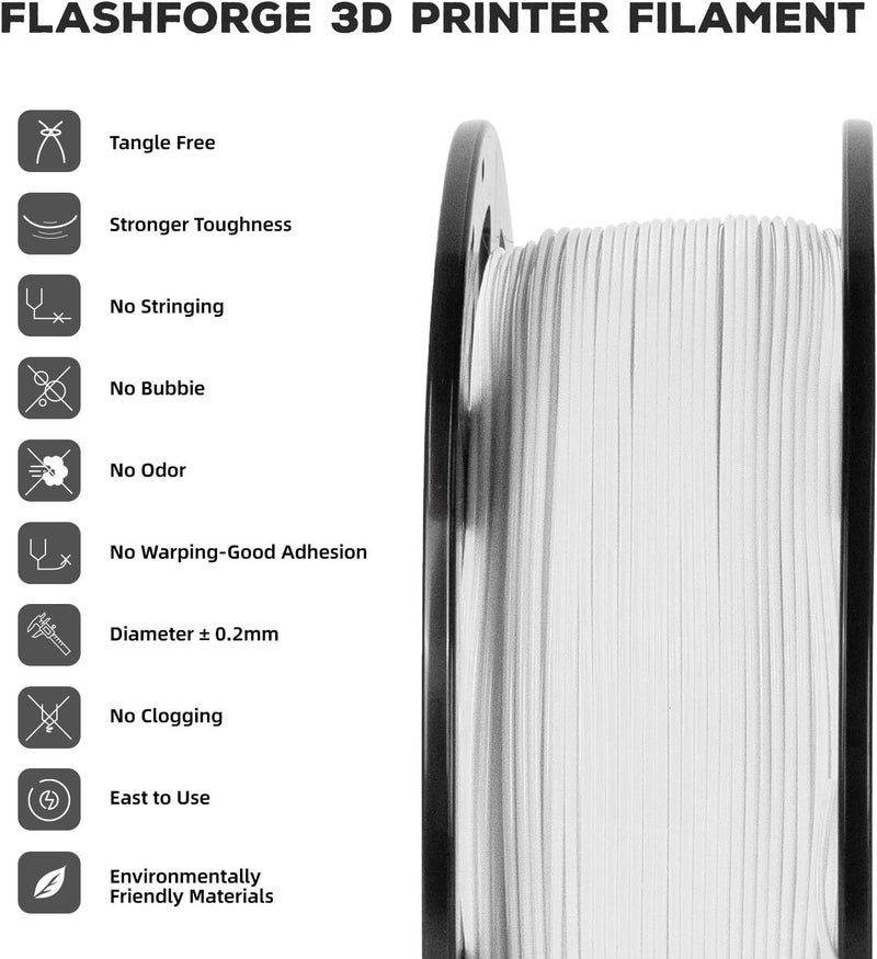 FLASHFORGE خيوط PLA بقطر 1.75 مم، خيوط طابعة ثلاثية الأبعاد 1 كجم (2.2 رطل) بكرة، دقة أبعاد +/- 0.02 مم، خيوط الطباعة ثلاثية الأبعاد سهلة الاستخدام وتناسب معظم طابعات FDM ثلاثية الأبعاد (بيضاء) - Image 2